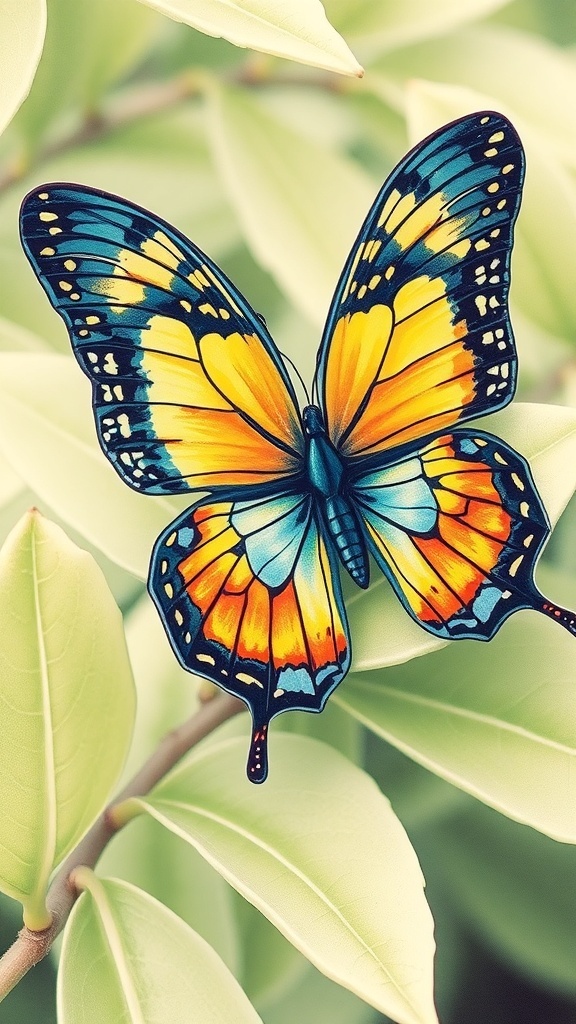 Butterfly Drawing Tutorial A colorful butterfly drawing with detailed patterns on its wings, set against a backdrop of green leaves.